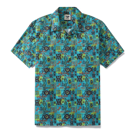 Hawaiian Shirt For Men Circle-Tiki-Patterncrop By Woody Miller Shirt Camp Collar 100% Cotton