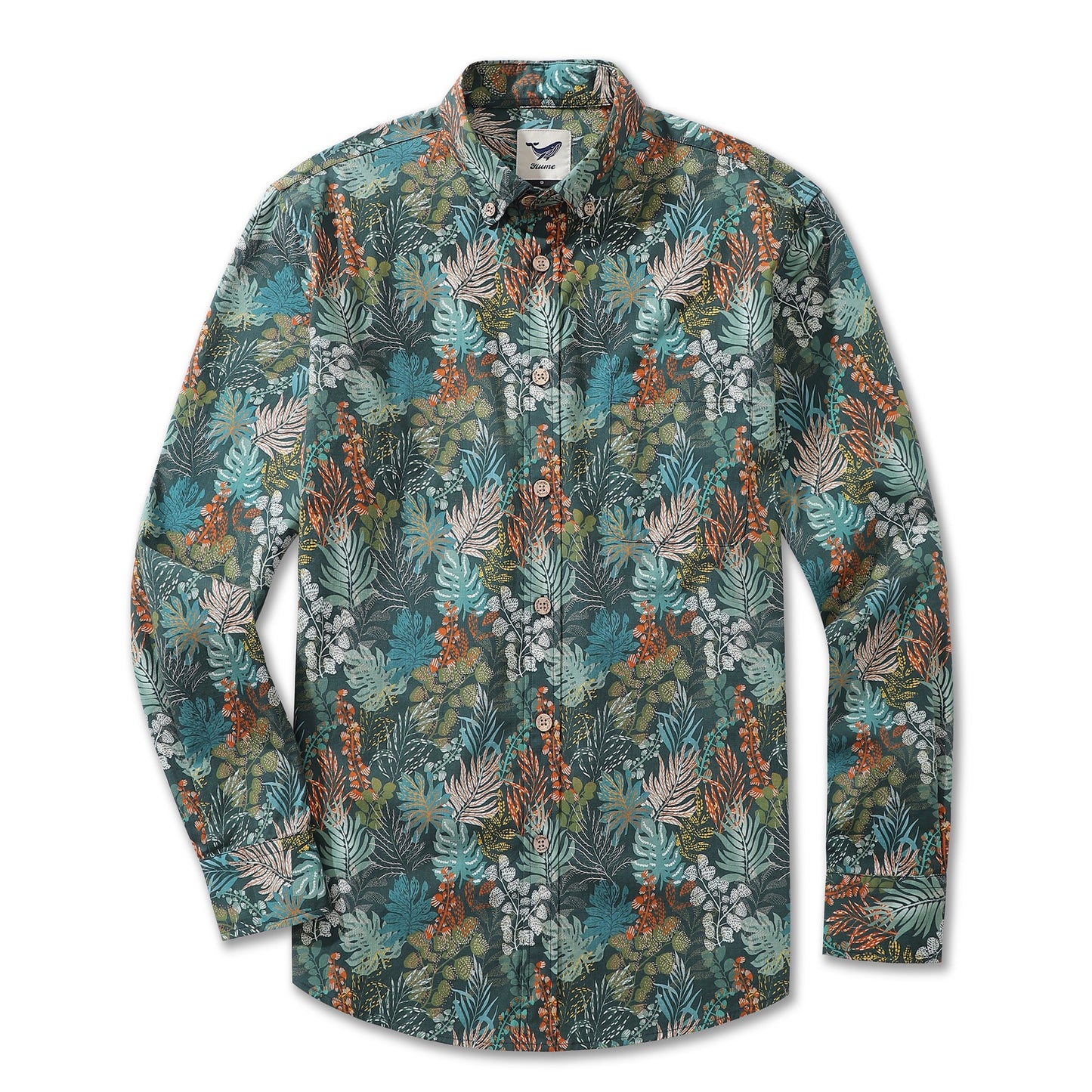 Men's Hawaiian Shirt Tropical Night Emerald Leaves Print By Annick Cotton Button-down Long Sleeve Aloha Shirt