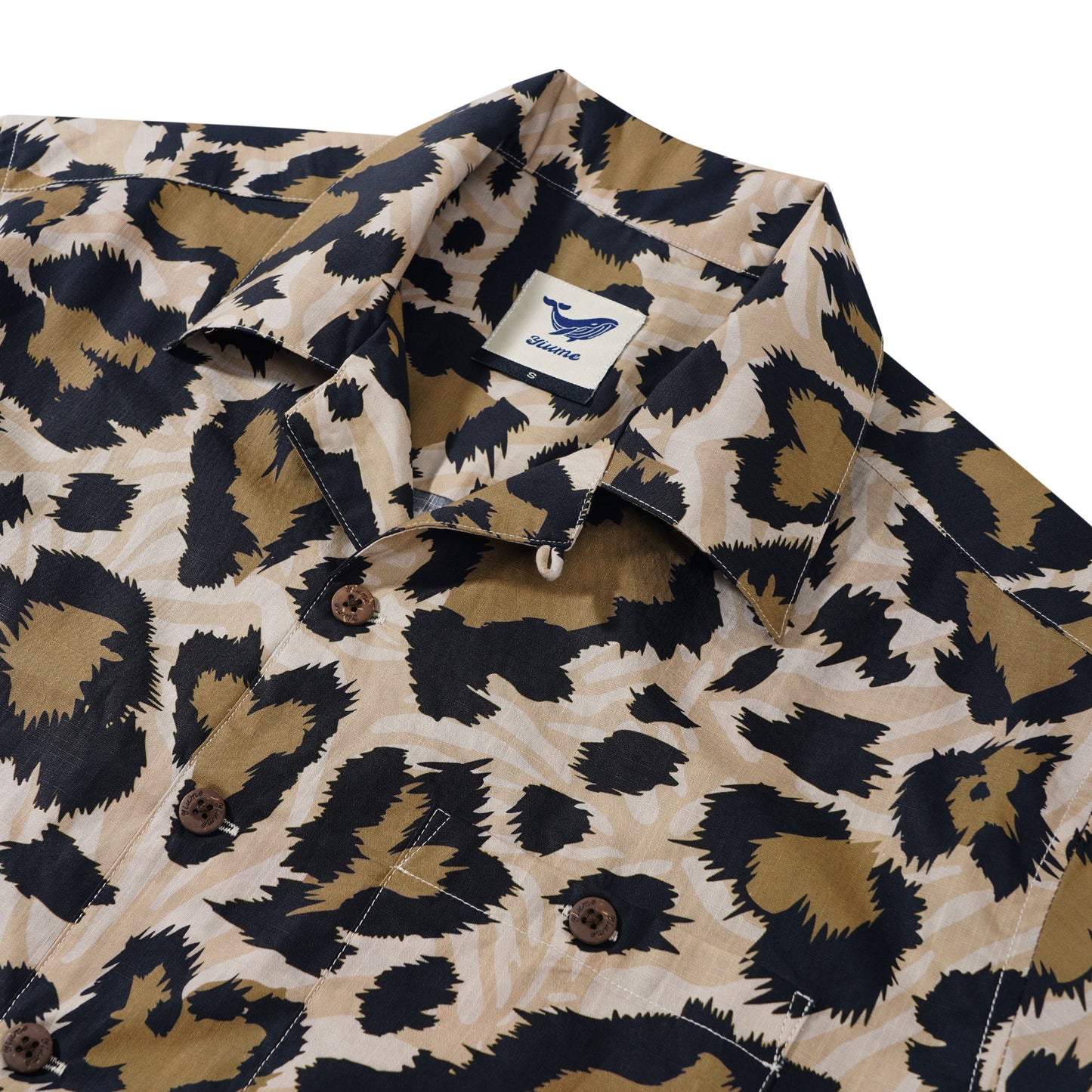 Men's Hawaiian Shirt Short Sleeve Camp Collar 100% Cotton Black Aloha Leopard Wilderness Whisper Leopard Print