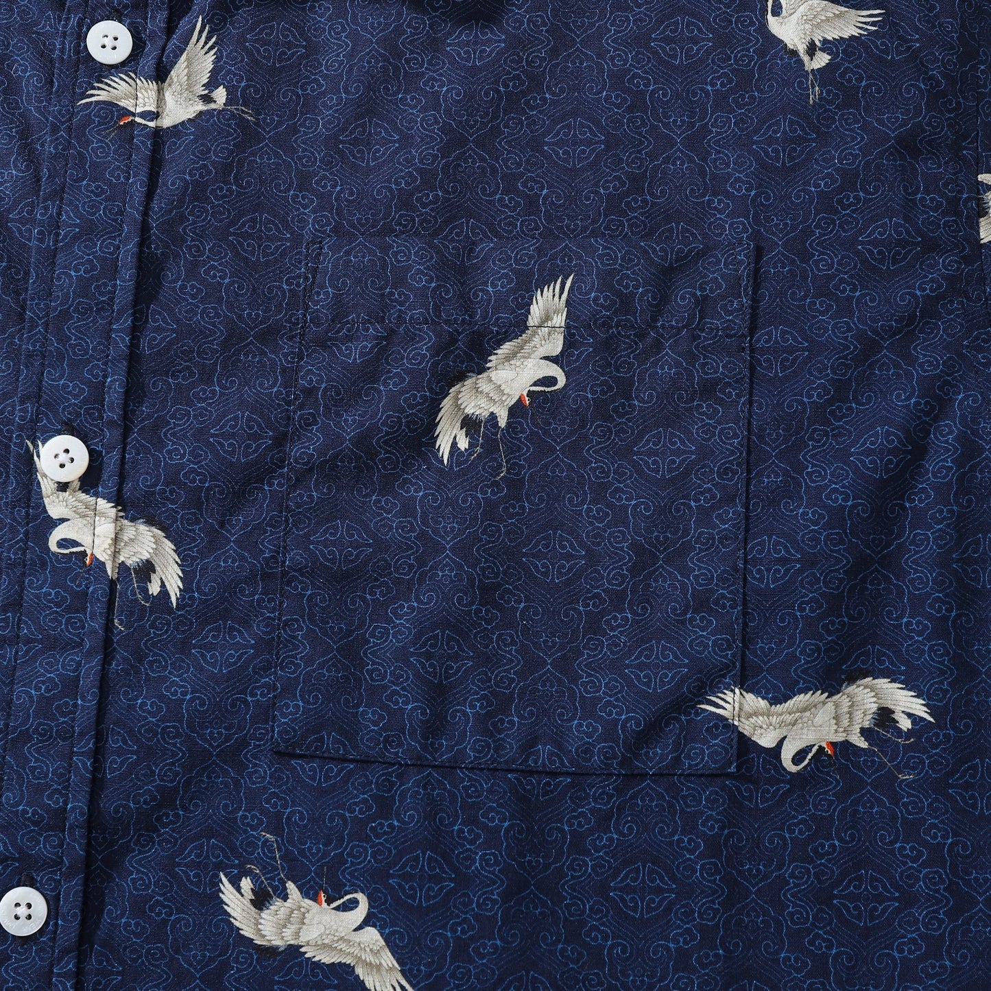 Hawaiian Shirt For Men Crane Print Short Sleeve Cotton Button Down - Blue