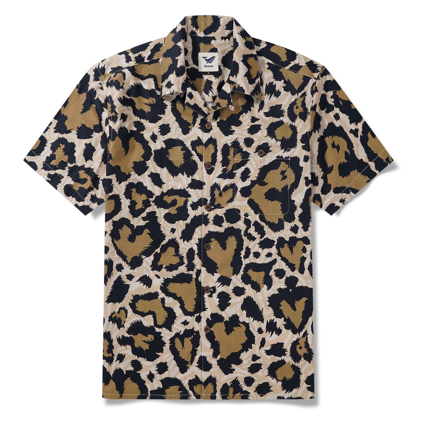 Men's Hawaiian Shirt Short Sleeve Camp Collar 100% Cotton Black Aloha Leopard Wilderness Whisper Leopard Print