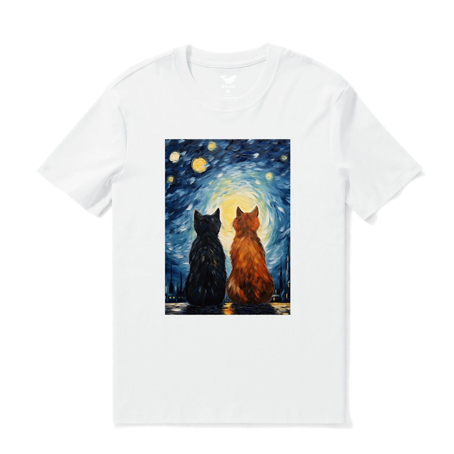 Hawaiian Tee For Men Cats In Love Van Gogh Tee Crew Neck 100% Cotton - WHITE