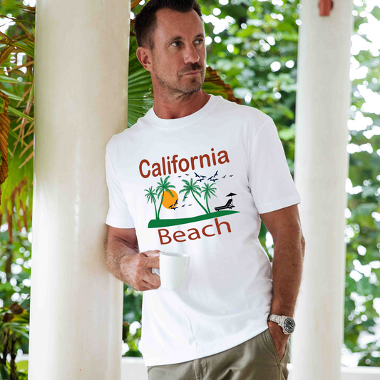 Hawaiian Tee For Men California Beach Tee Crew Neck 100% Cotton - WIHTE