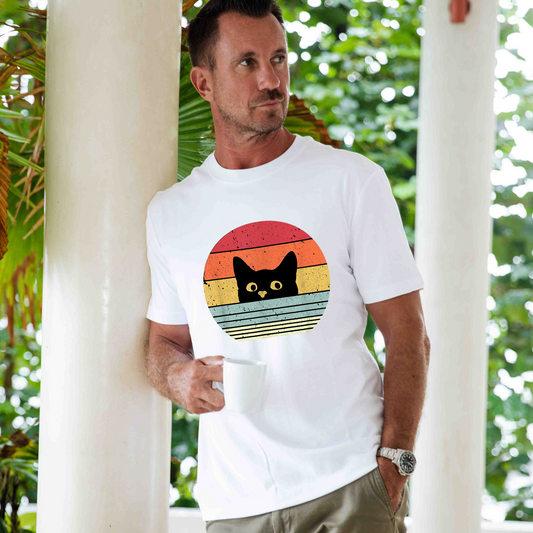 Hawaiian Tee For Men Retro Cute Cat Tee Crew Neck 100% Cotton - WHITE