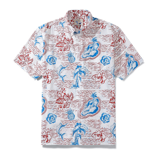 Hawaiian Men's Shirt with Tuna and Tropical Scenery Print, Made of 100% Cotton
