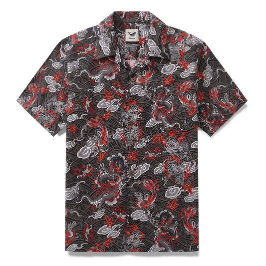 Men's Hawaiian Shirt The Dragon's Flight Print Cotton Camp Collar Short Sleeve Aloha Shirt