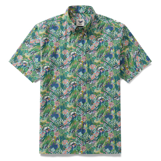 Men's Green Hawaiian Shirt Songe Marin Pattern Cotton Button-down Short Sleeve Aloha Shirt