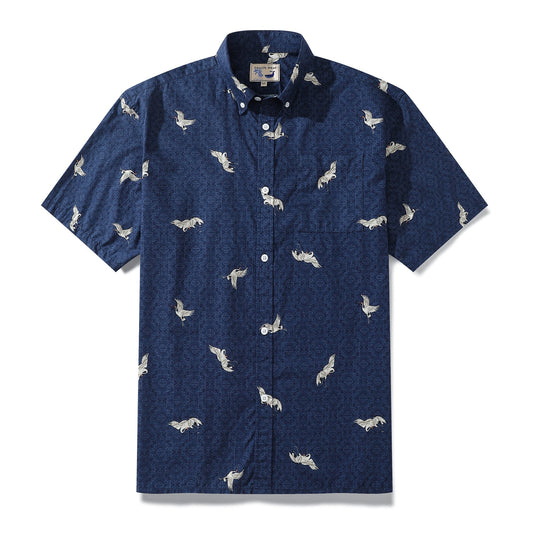 Hawaiian Shirt For Men Crane Print Short Sleeve Cotton Button Down - Blue