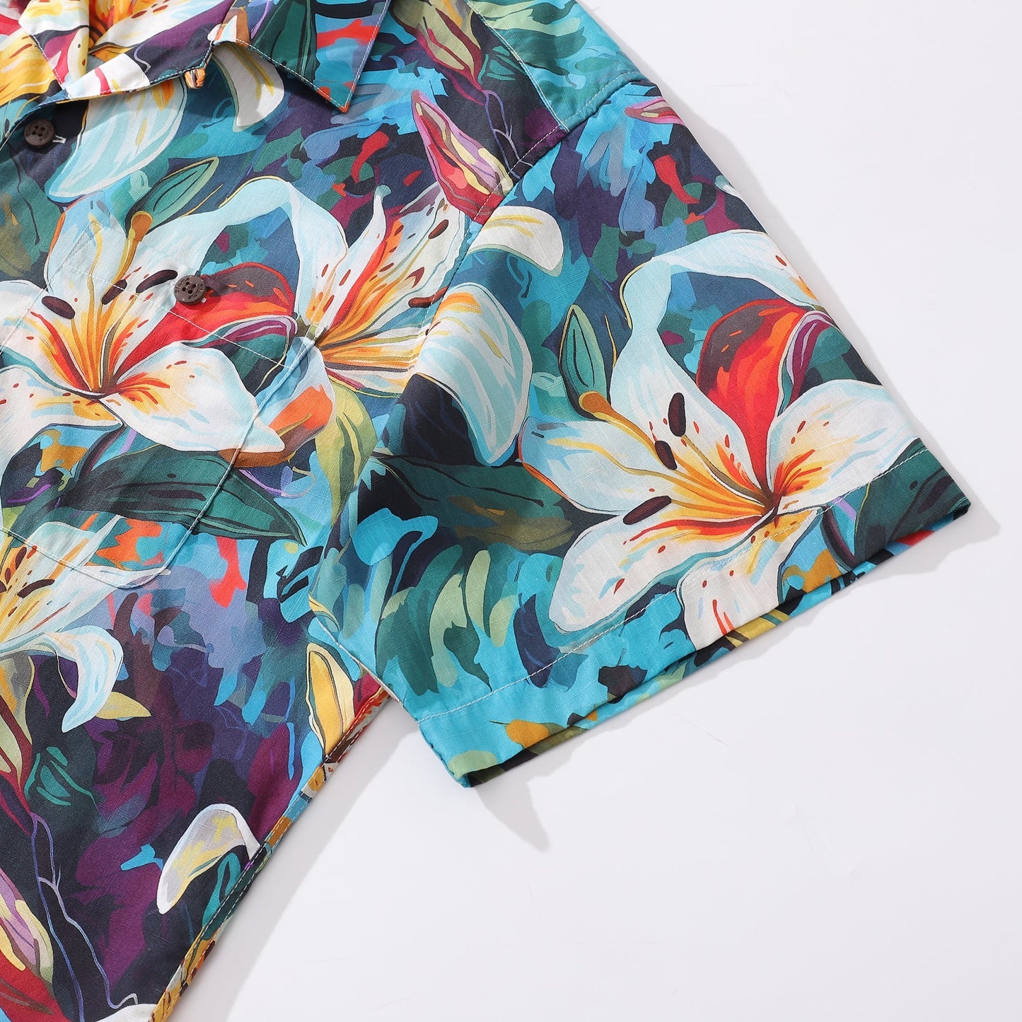 Hawaiian Shirt For Men Greenish Lily Flower Print Shirt Camp Collar 100% Cotton Shirt
