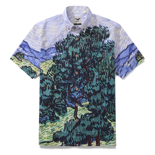 Men's 1950s Vintage Hawaiian Shirt Whispering Trees Print Cotton Button-down Short Sleeve Aloha Shirt