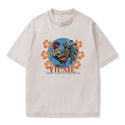 T-shirt Short Sleeve Solid Basic 100% Cotton Blue Aloha Tropical Rooster - Beige