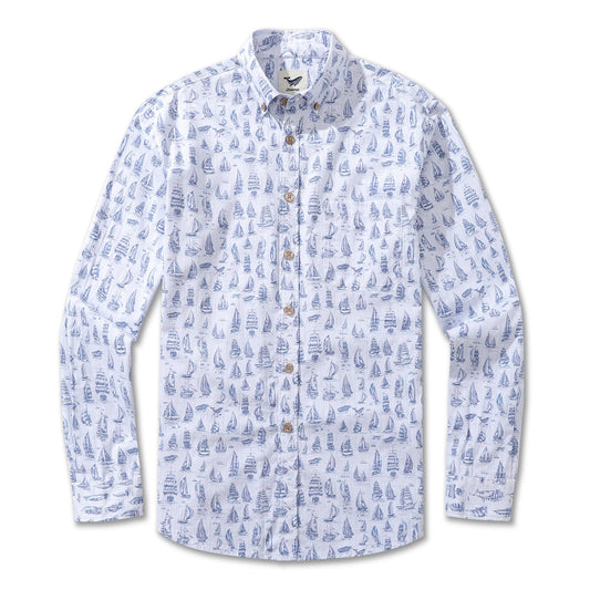 Men's Hawaiian Shirt Smooth Sailing Cotton Button-down Long Sleeve Aloha Shirt