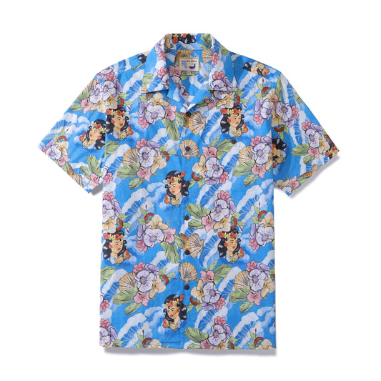 Hawaiian Shirts For Men Tropical Hibiscus Blue 1940s Vintage Hawaiian Cotton Aloha Shirt