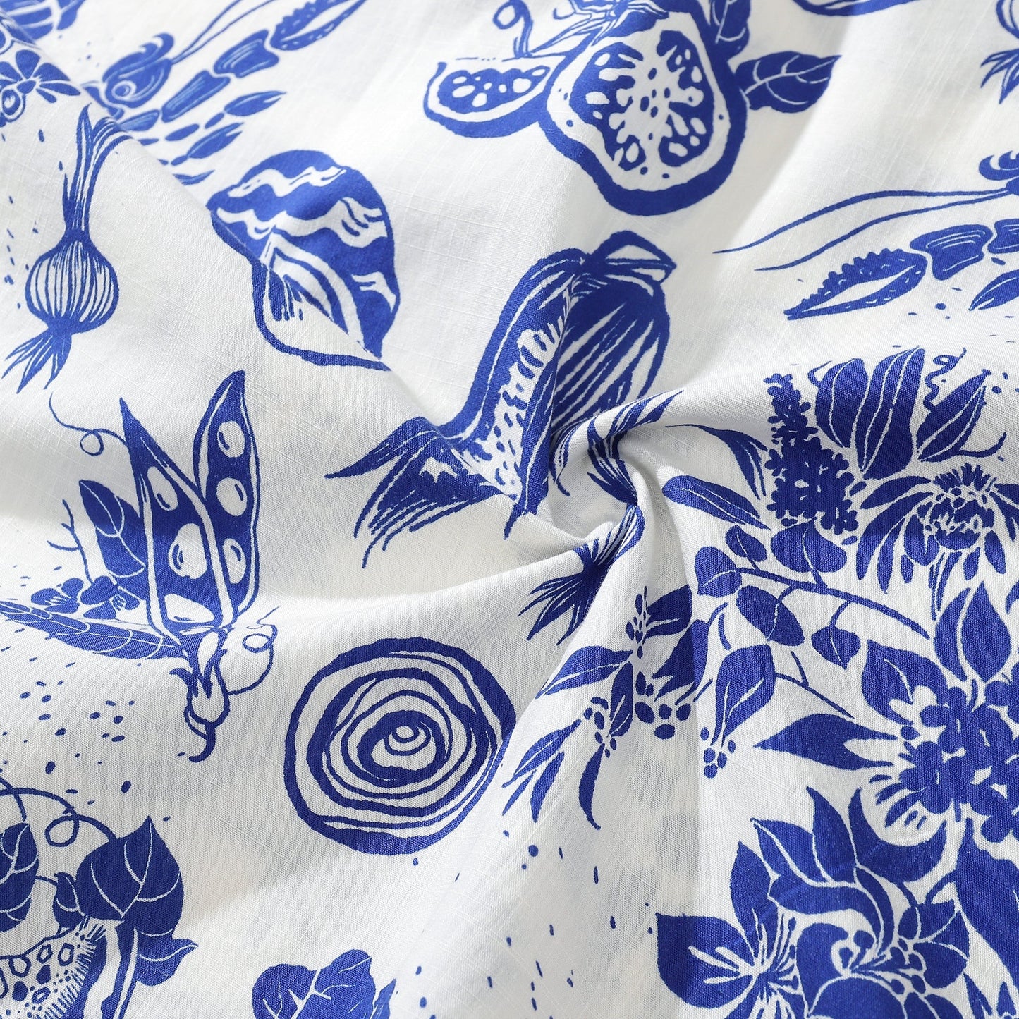 Hawaiian Shirt For Men Shrimp and Vegetable Blue and White Bicolor Print Short Sleeve Cotton Button Down